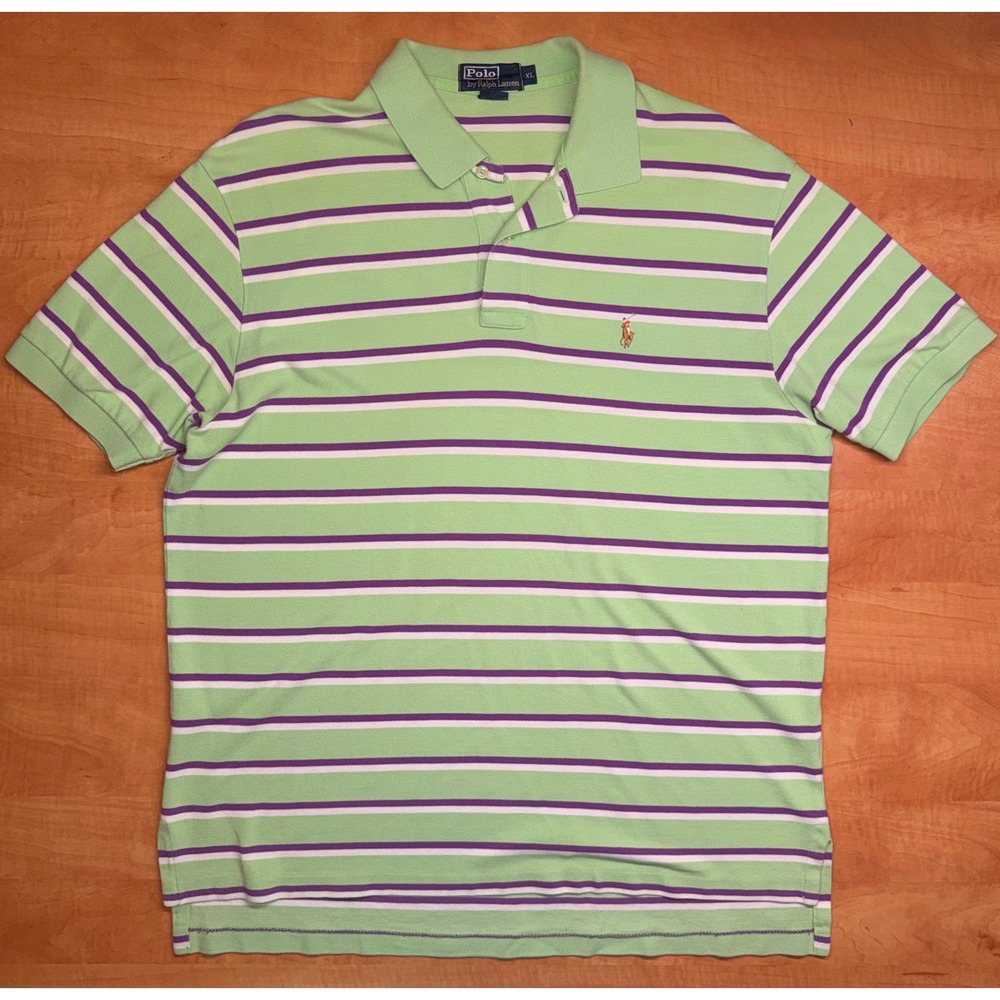 Polo Ralph Lauren Mens XL Polo Shirt Green Purple White Striped Cotton Pique